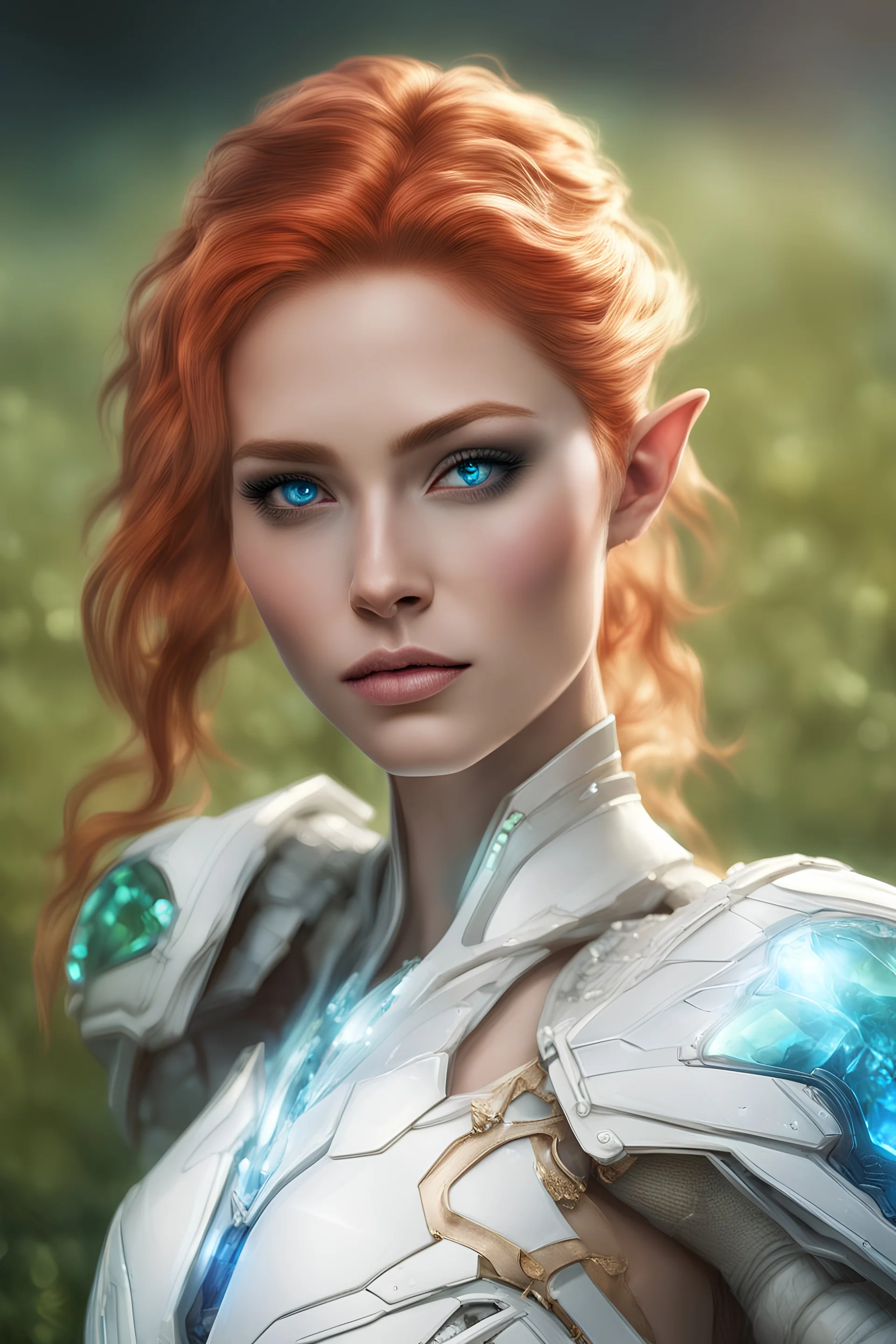 female elf, high cheekbones, white high tech armor, armored jaw, armored neck, glowing blue crystal in the center of the armor, laying at grassfield, pose laying on the back, single character, bright red hair, green eyes, photorealistic, realism, realistic, cybernetic jaw, bokeh