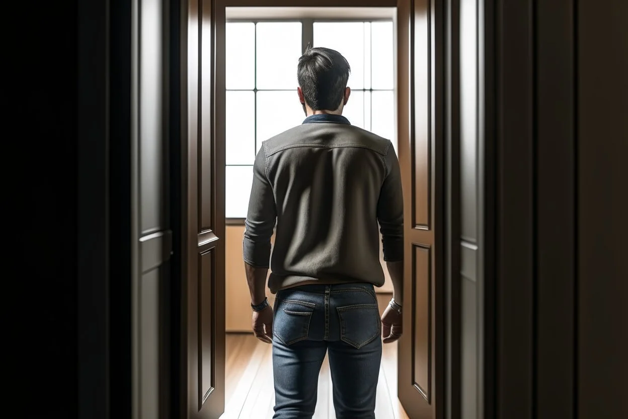 man in jeans and a shirt, back to the camera, standing in a row of doors, looking out through a doorway