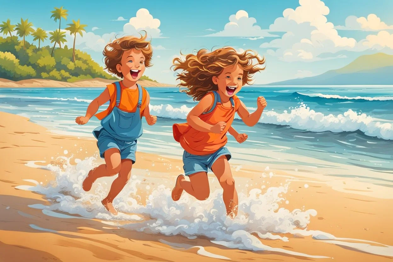 two cute children running along the shoreline, with the ocean waves in the background. They are laughing and jumping in the sandy area near the water. happy mood, vibrant colors, high detailed, cinematic