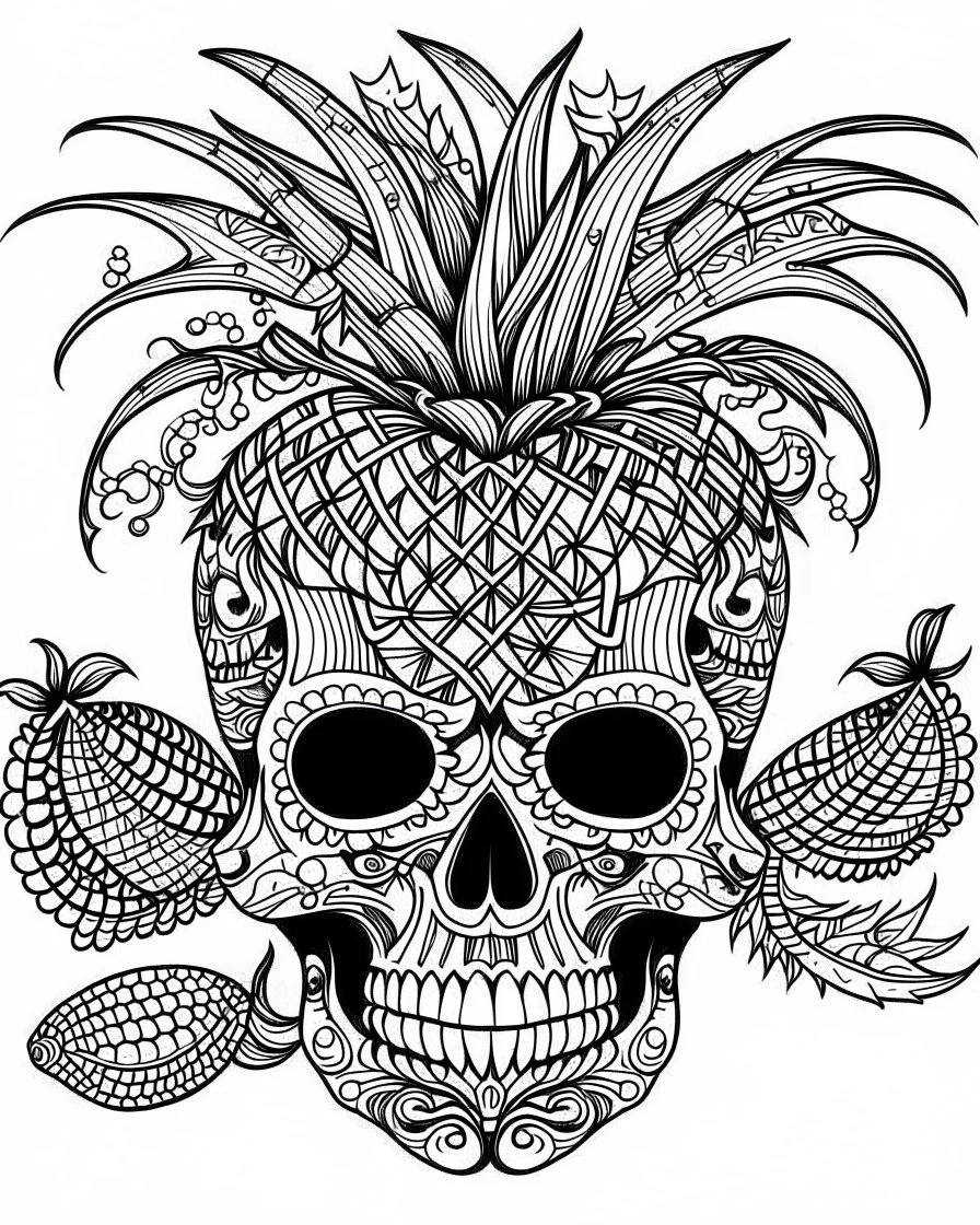 coloring pages for kids, pineapple skull, insanely detailed, inked drawing, dark soul, dark fantasy cartoon style, thick lines, low detail, black and white, no shading, --ar 85:110