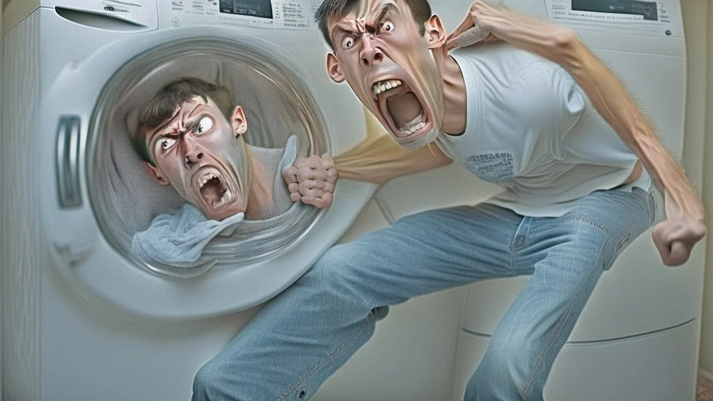 very skinny and stickly young man angry unable to move damaged washer and dryer