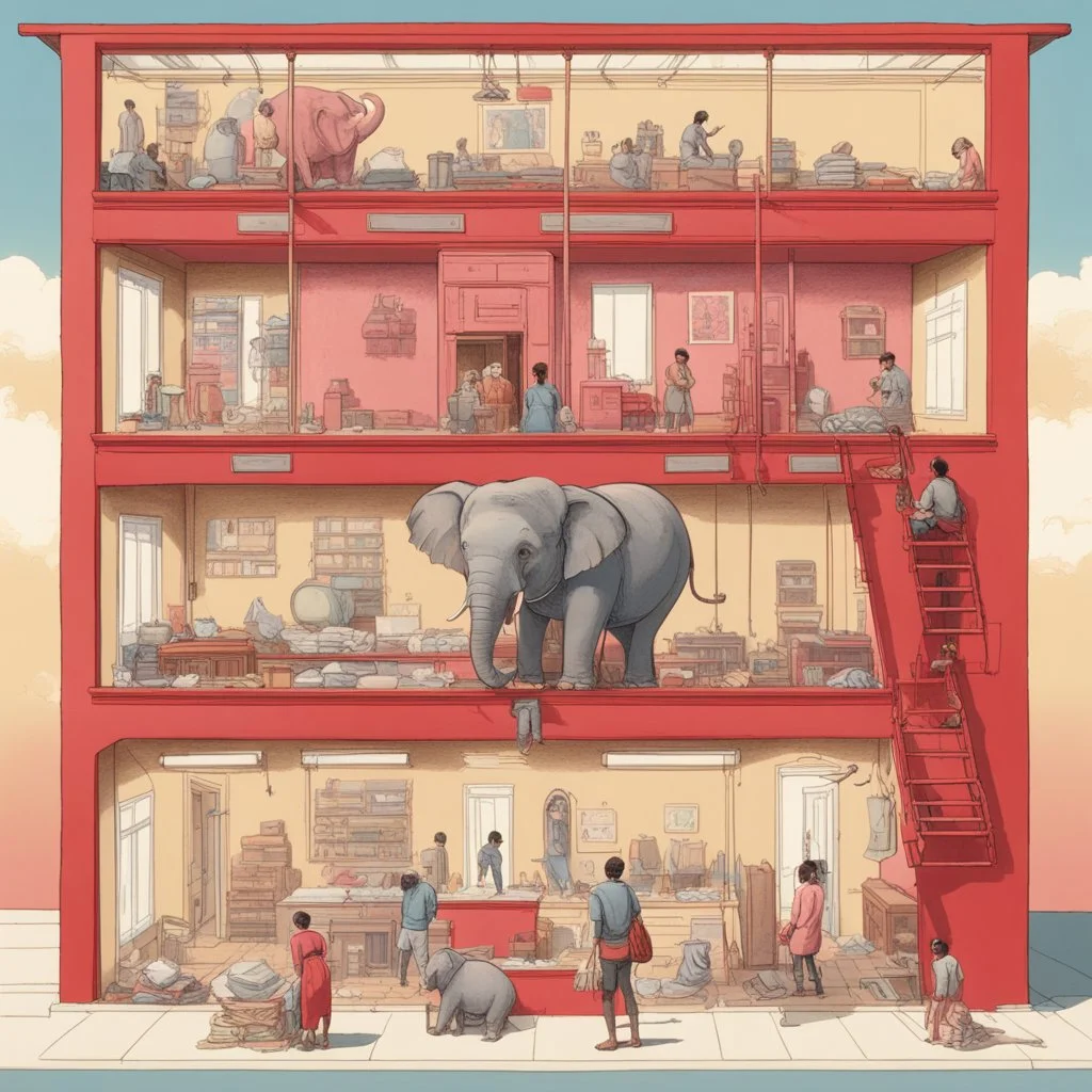 A vertical cross section of a multi-story building showing various rooms and inhabitants, including a person in a red shirt reading at a desk, another person dressed in pink washing clothes, and an elephant in a room with a red wall, with a sky sunny outside