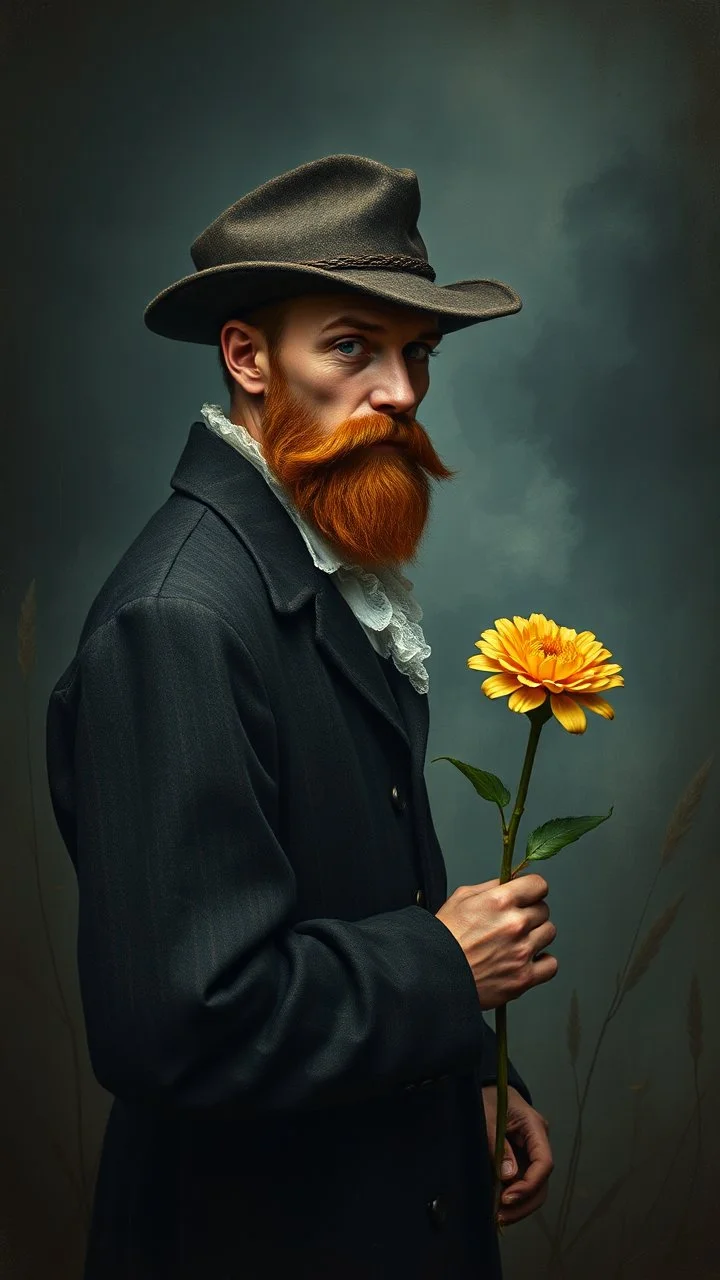 Hieronymus Bosch and Van Gogh styles , a gentleman holding a flower looking at you In foggy smoky background