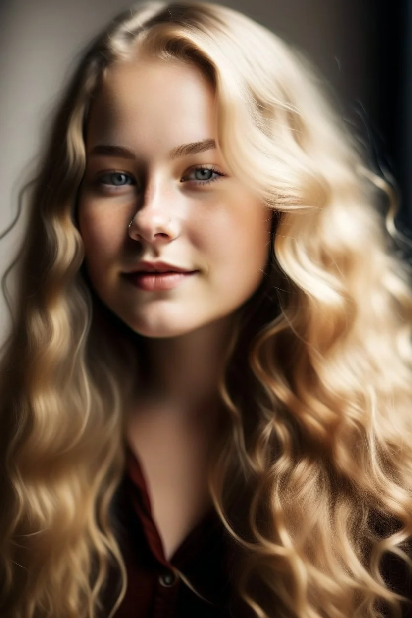 portrait of a beautiful 20 year old norwegian woman with long blond wavy hair, curvy body, earthbound, warm-hearted