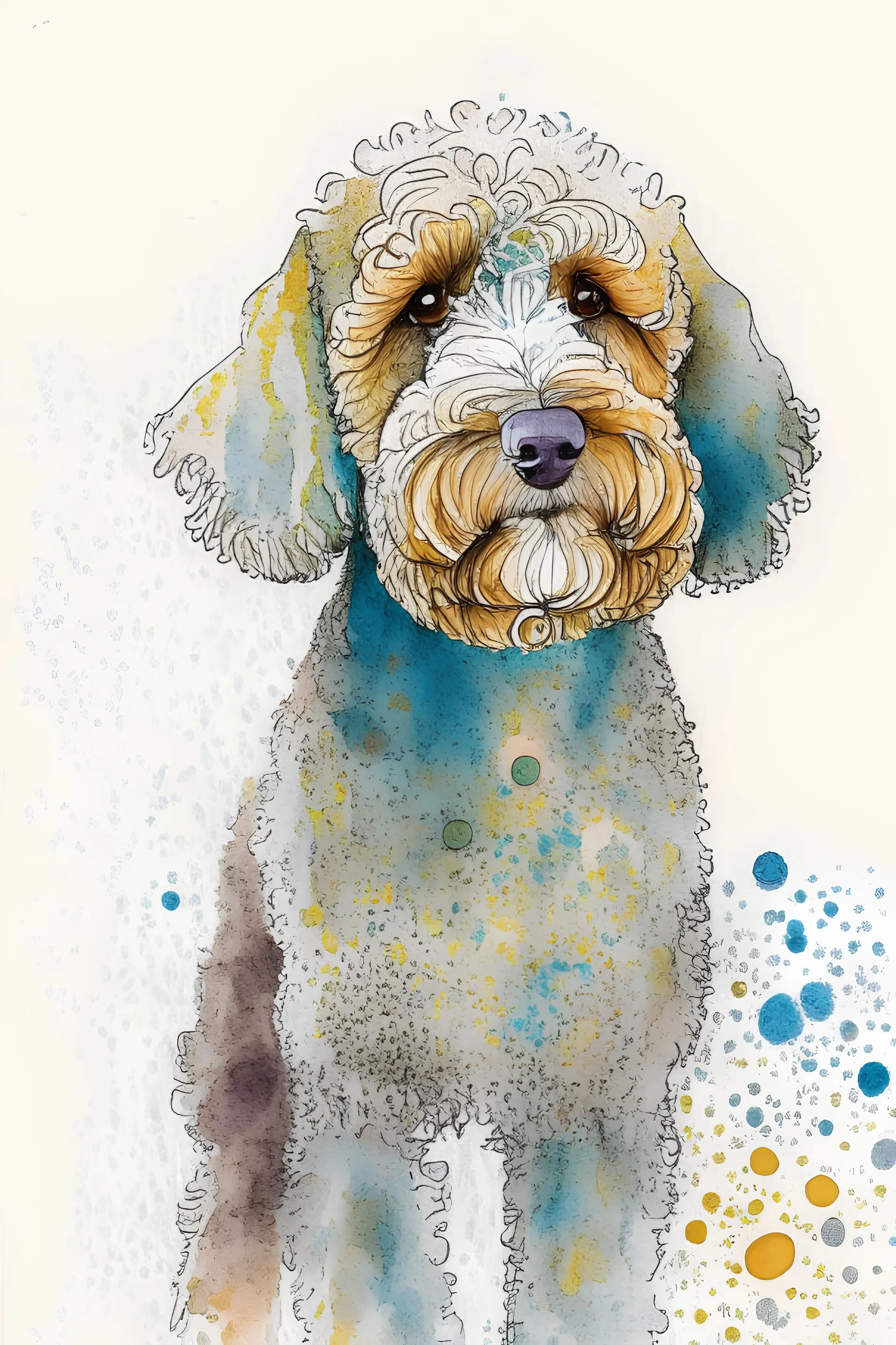 abstract watercolour of a cockapoo dog’s head in the style of Valerie Davide with bifurcated circles and pencil lines