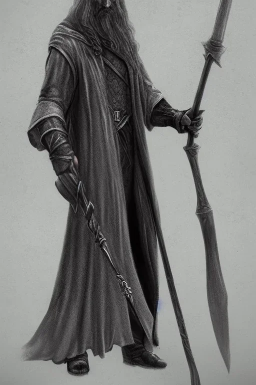 Tall Wizard, dark broody, long staff in hand, grey cloak, photorealistic, lightning background