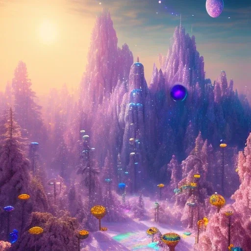 blue gold and violet landscape with multicolored crystals falling from the sky, full of details, smooth, bright sunshine，soft light atmosphere, light effect，vaporwave colorful, concept art, smooth, extremely sharp detail, finely tuned detail, ultra high definition, 8 k, unreal engine 5, ultra sharp focus