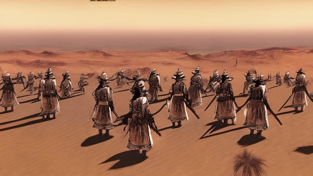 desert, highly detailed, comic style warriors from behind, in the background far away a highly detailed cdesert city