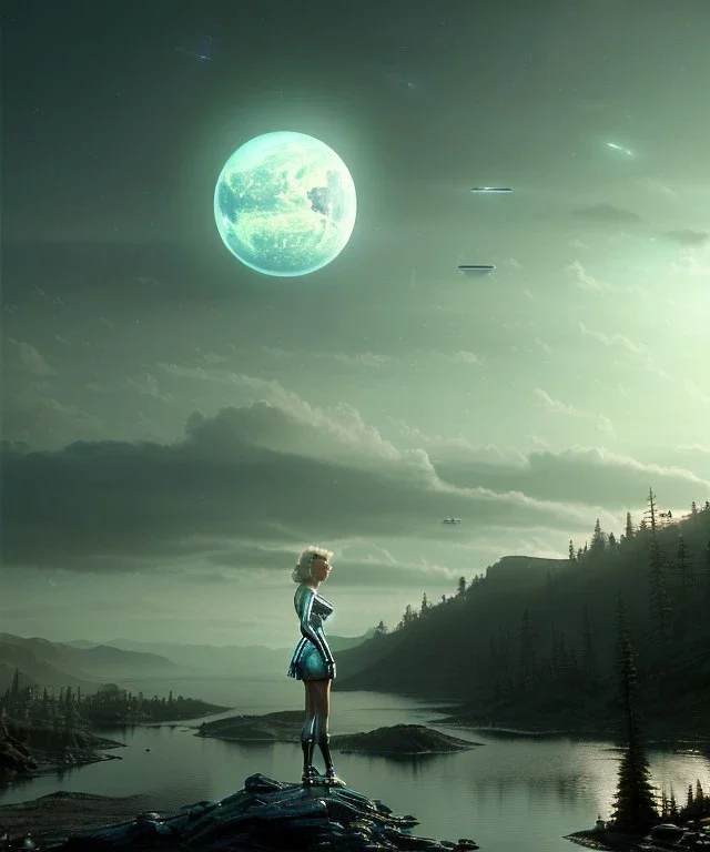 Ultra Realistic retro sci-fi 1960 scene, waist up view portrait, blonde woman, sweet young Marilyn Monroe face, perfect iris, tight latex coat, alien planet background, tight style, steel sphere dron levitating, fog, rain, soft color, highly detailed, unreal engine 5, ray tracing, RTX, lumen lighting, ultra detail, volumetric lighting, 3d, finely drawn, high definition, high resolution.