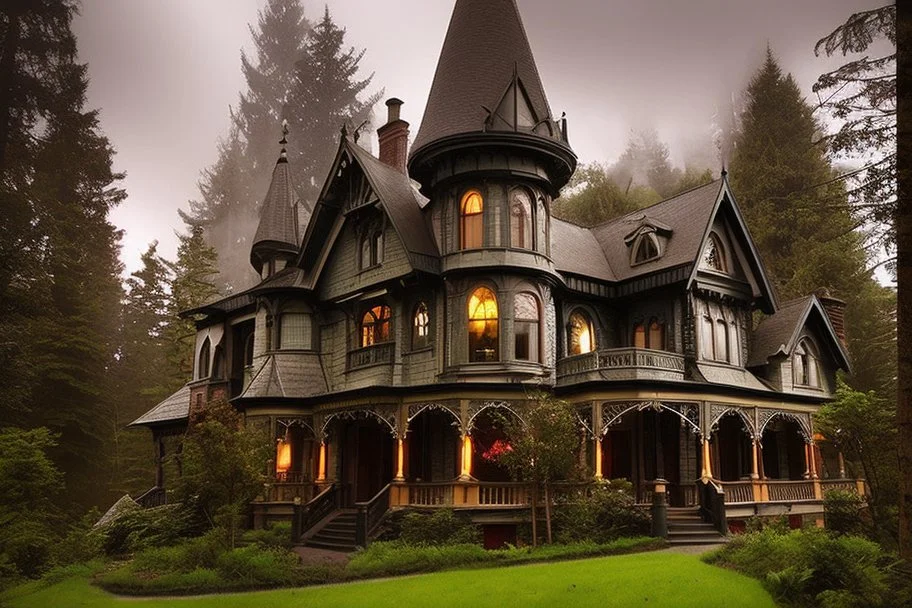 fantasy victorian house surrounded by forest