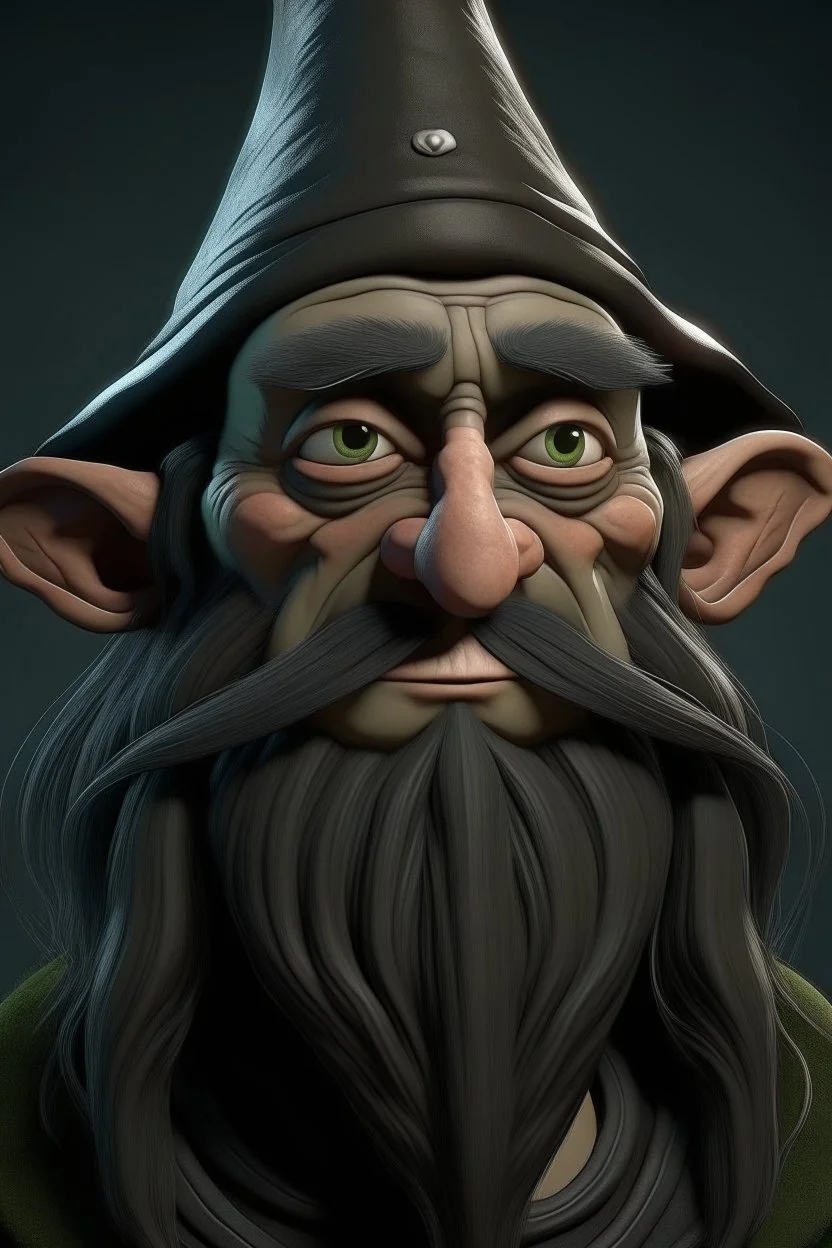 Portrait of a male gnome with long raven hair, small, intelligent eyes, small, angular face, aquiline nose,