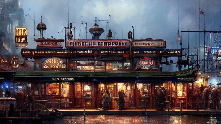 1950 diner on pier, corner steampunk store, Gothic Metropolis harbour, Gotham city , pipe,wire, tube, book illustration by Jean Baptiste Monge,Jeremy Mann, Details building cross section , strong lines, high contrast vibrant colors, highly detailed, exterior illustration