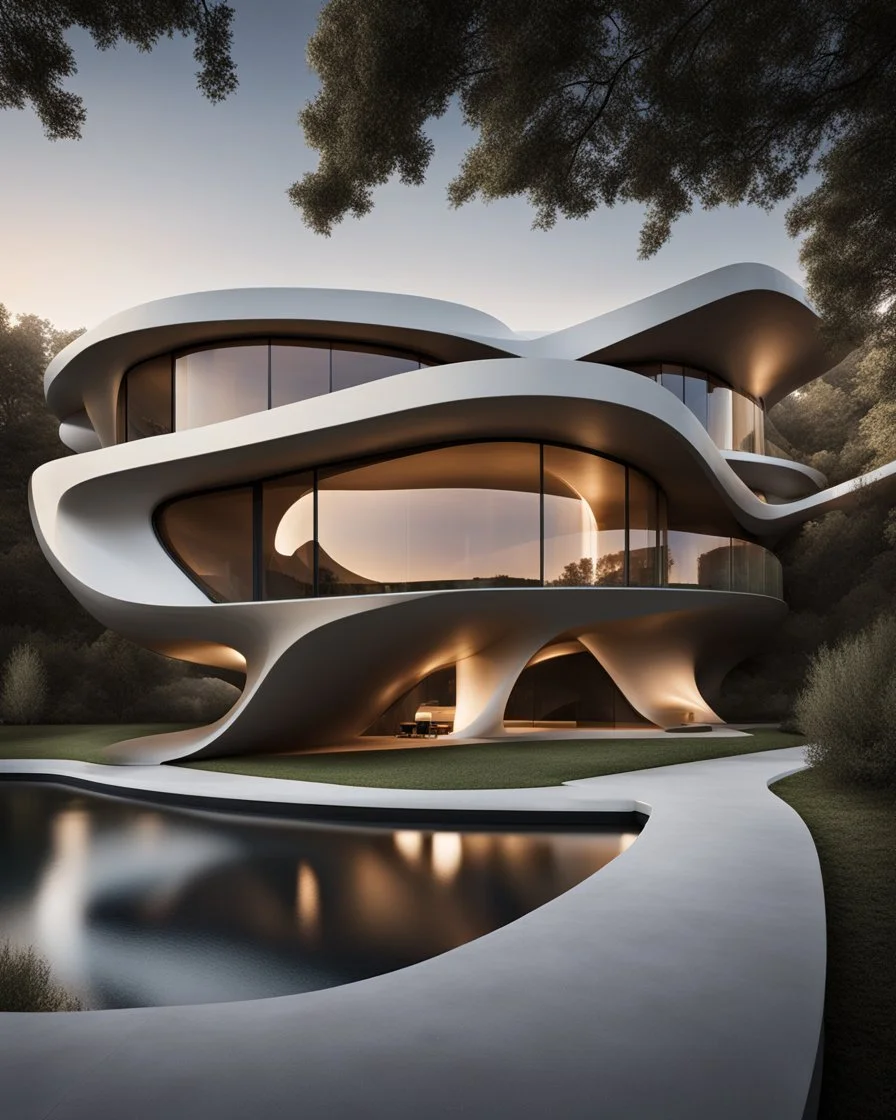 Hyperrealistic photography of a modern country house, ultra warm, incredible work of art, vista exterior, estilo Zaha Hadid