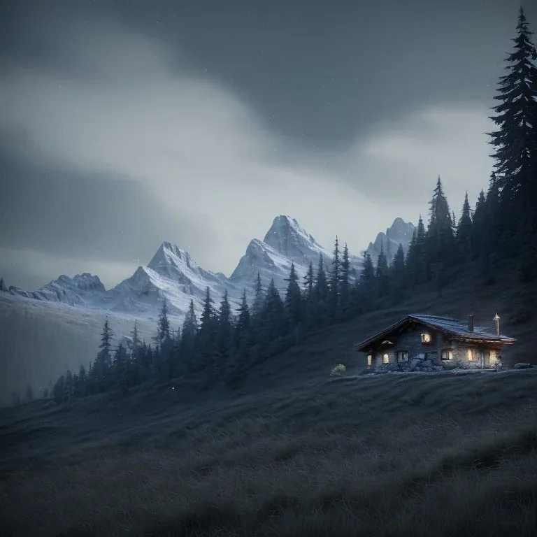 A mysterious killer, sense of fear, mountain hut in the background, Alps, night sky, 8k, HD, cinematography, photorealistic, Cinematic, Color Grading, Ultra-Wide Angle, Depth of Field, hyper-detailed, beautifully color-coded, insane details, intricate details, beautifully color graded, Cinematic, Color Grading, Editorial Photography, Depth of Field, DOF, Tilt Blur, White Balance, 32k, Super-Resolution, Megapixel, ProPhoto RGB, VR, Halfrear Lighting, Backlight, Natural Lighting, Incandes