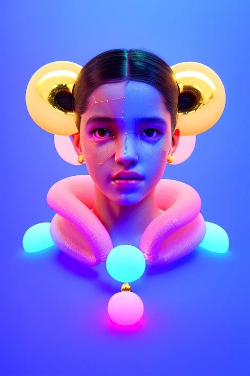 Rosalía artist, Ultra Realistic image, waist up portrait, black eye line, sweet smile face, pigtails hair, spray line make up, geometric, gold, big rings piercing, led ornament, bubble latex coat, inflatable, cold, led lights, geometric, neon, pink, blue, gold, vibrant color, highly detailed, art stations, concept art, smooth, unreal engine 5, god rays, ray tracing, RTX, lumen lighting, ultra detail, volumetric lighting, 3d, finely drawn, high definition, high resolution.