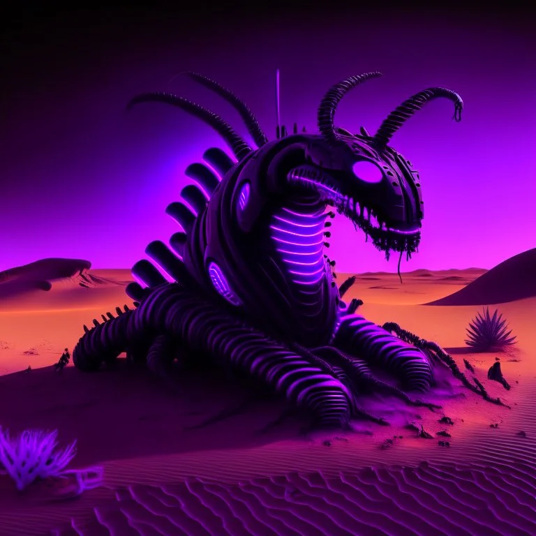 neon black and purple large and long worm-like robot with a 3D hexagon for a head in a dark monochrome desert