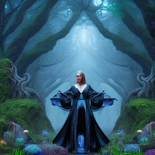 crazy detail, magical forest background, waterfall, blue but cloudy skies, portrait of man in black shiny robes,dark stone statue and the upper body of grand sleazy lady wearing soft robes and gloves, lively eyes, framed by foliage, runes on dices, warm light, holding up scroll