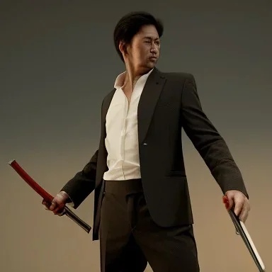 man with katana in black suit