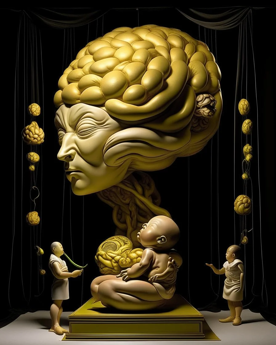 a huge golden inflated sculpture of brain supported by very small beautiful Asian female human bodies, Communist propaganda slogan banner,complex surgical instruments,a newborn boy between light and shadow, black background,surrealism, symbolism, minimalism, sculpture by Lucian Freud, Rene Magritte, Salvador Dali