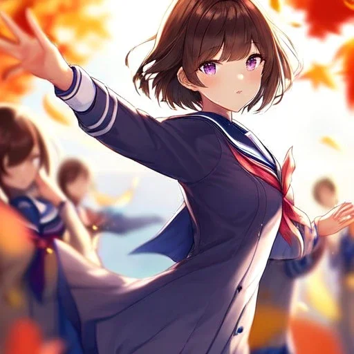 Clear focus,High resolution, one girls, Short brown hair, Purple eyes, Wearing a sailor uniform dancing with blurry sakura leafs falling down