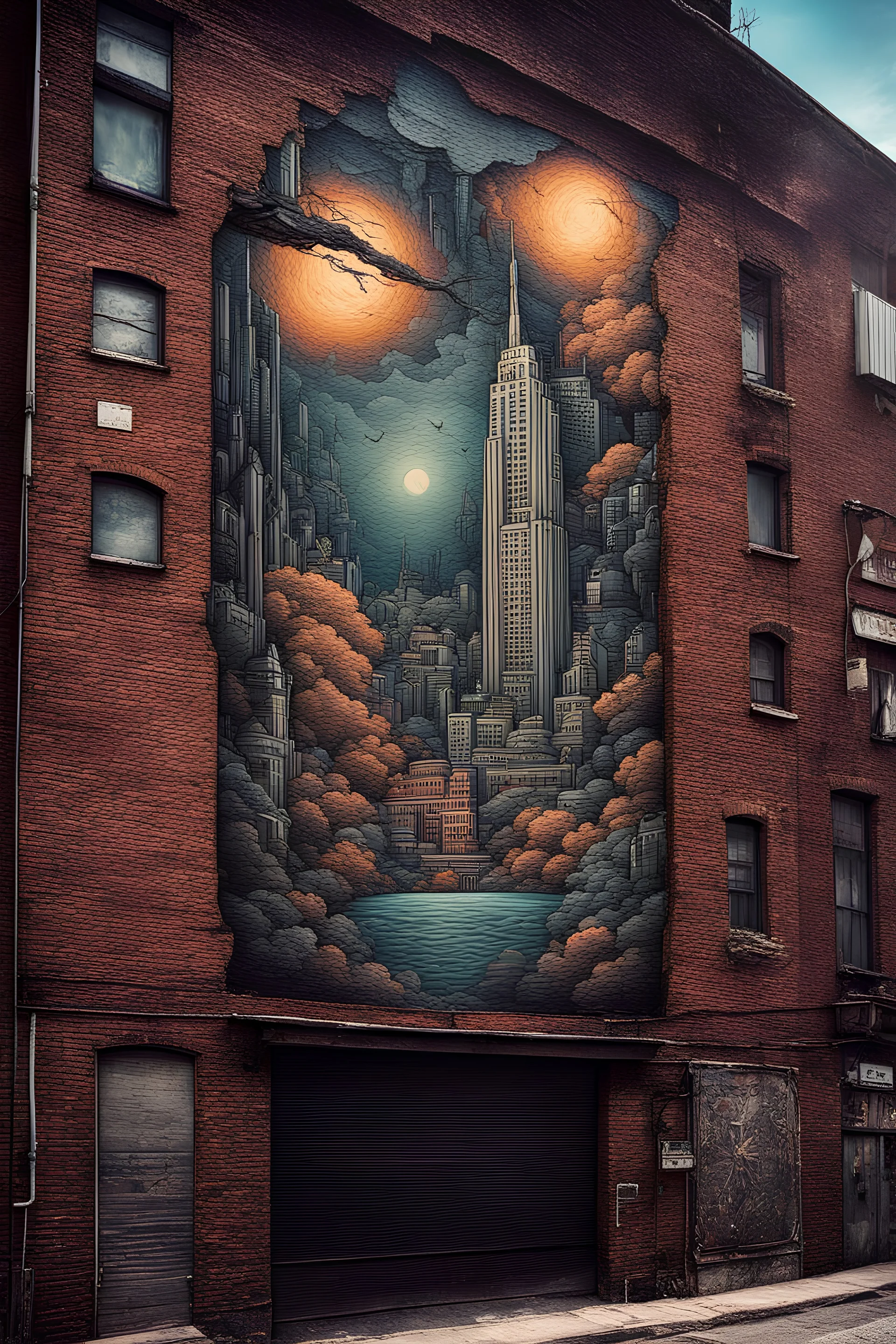 Trompe l'oeil street art on wall, mural poster Art Deco, lens wall painting graffiti wall swirling 2d poster optical illusion double exposure, caricatured, hyperbolized art on a cracked wall, best quality, Seveso, Dan Mumford, Andy Kehoe, Luis Royo. cute, adorable, fairytale, storybook detailed illustration, cinematic, ultra highly detailed, tiny details, beautiful details, mystical, luminism, complex background