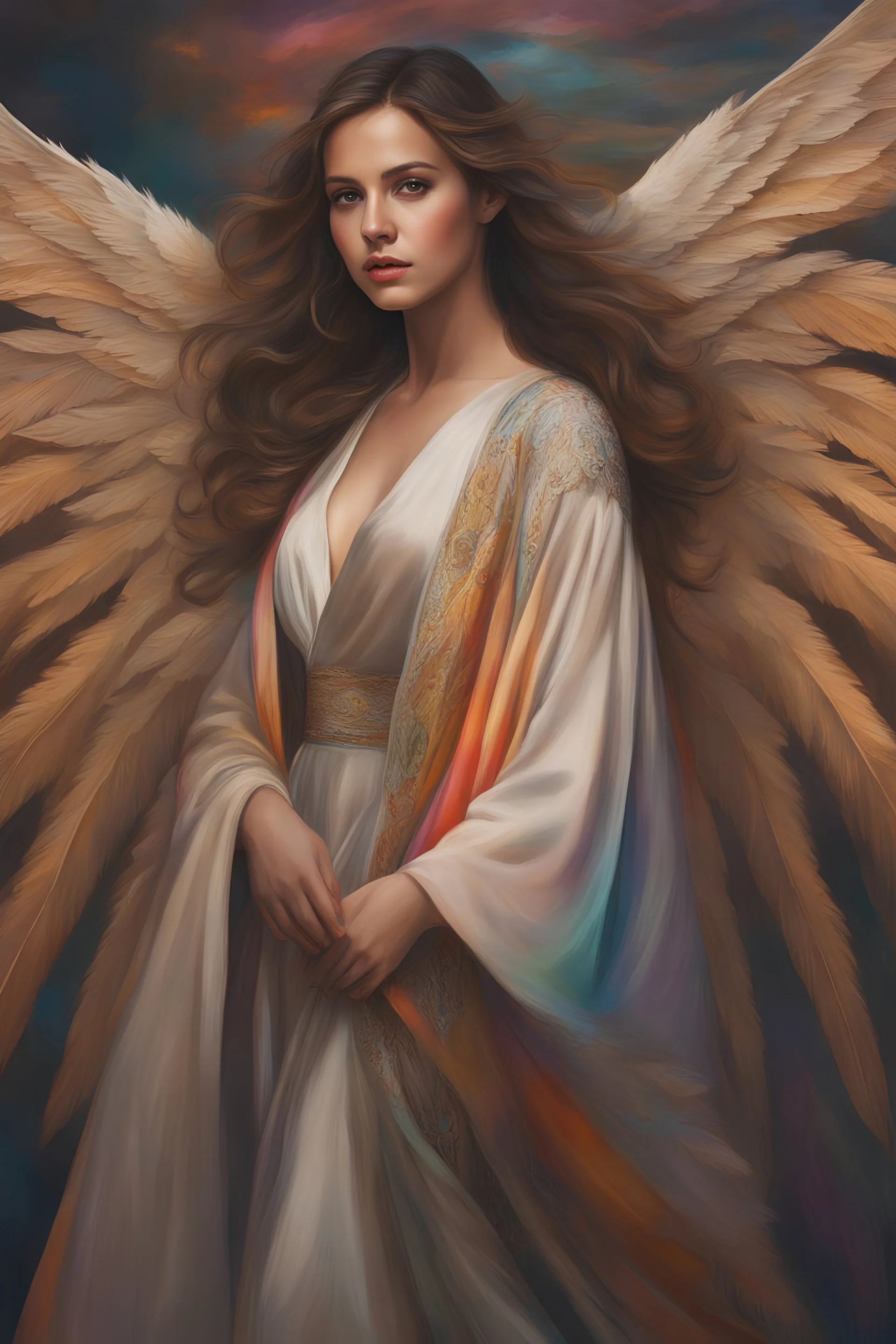 Young woman angel, lovely face, Dark brown eyes, elegant coat, ashen medium hair, colorful wings, outdoors, realism, dynamic lighting hyperdetailed intricately detailed photo triadic colors
