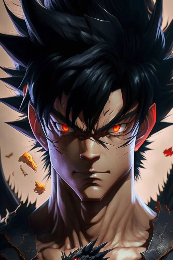 a man with black hair and a dragon on his chest, black dragon, highly detailed portrait of goku, ultra hd anime wallpaper, masayoshi suto and artgerm, anime epic artwork, hd anime wallpaper, son goku, goku, gogeta, dragon ball, wild spiky black saiyan hair, detailed anime artwork, ancalagon the black