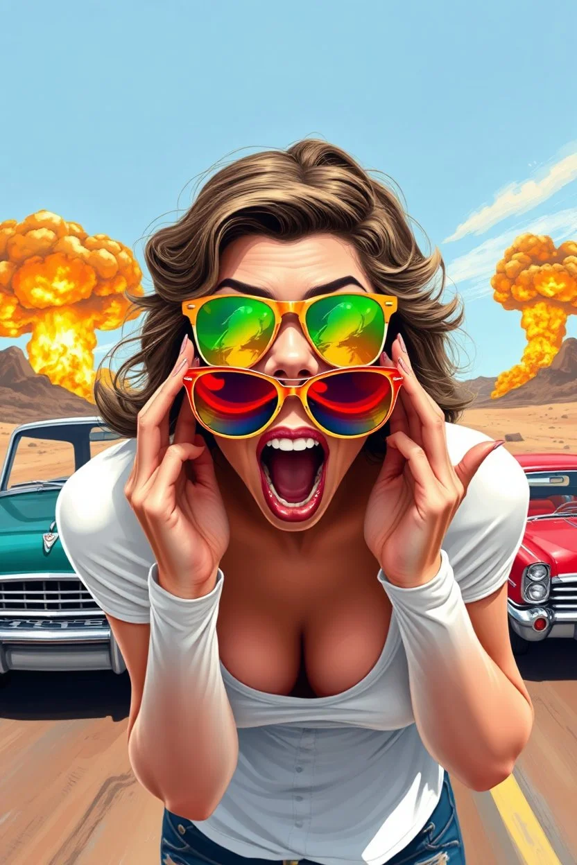 an young woman leaning forward(cropped tightly from between nose and stomach, white top with wide neck opening, cleavage, hands at face with surprised expression, home alone scream, wavy hair, large cheep colorful sunglasses, gloss lips), nuclear explosion and classic Cars in background, greaser, digital painted illustration