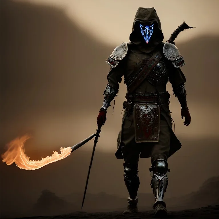 warrior walking into the flame, cinematic, HDR, highly detailed, mask cover whole face and hood, scull mask, ProPhoto RGB, Half rear Lighting, nsane details, intricate details, 32k, Super-Resolution, DOF, Color Grading, Depth of Field, ghost, messenger of death, non photorealistic rendering