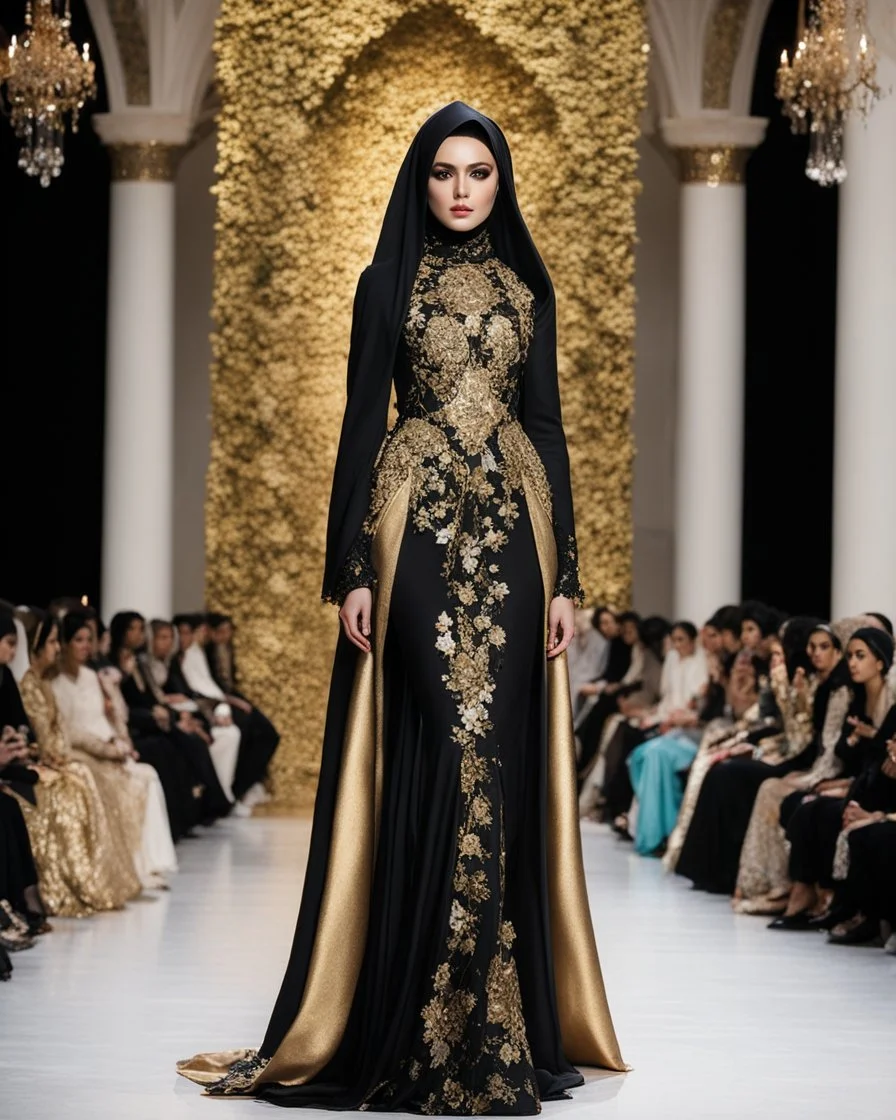 Full body Photography art fashion show event,islamic fashion show cat walk gorgeous super model Beautiful woman iranian hijab ,dressing luxury black and golden color design wedding gown made of flowers ,full of various kinds of flowers,soft colors