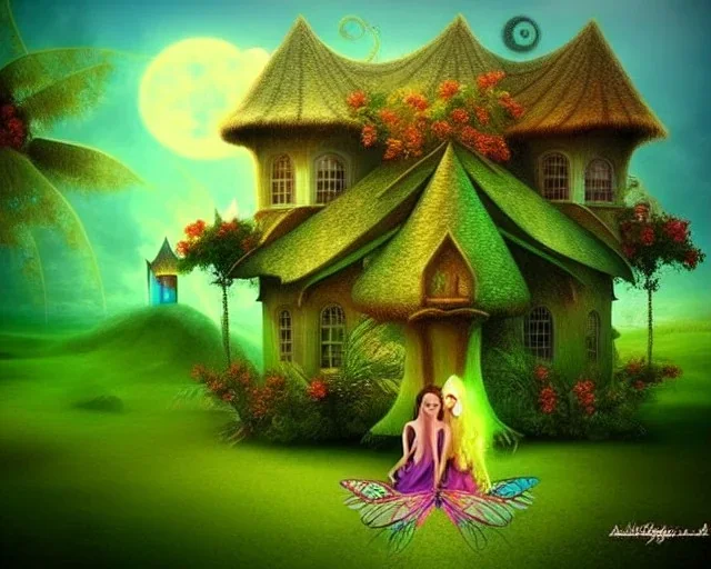 mystical house on a hot tropical island, fantasy art, surreal art, beautiful little fairies sitting on the trees,