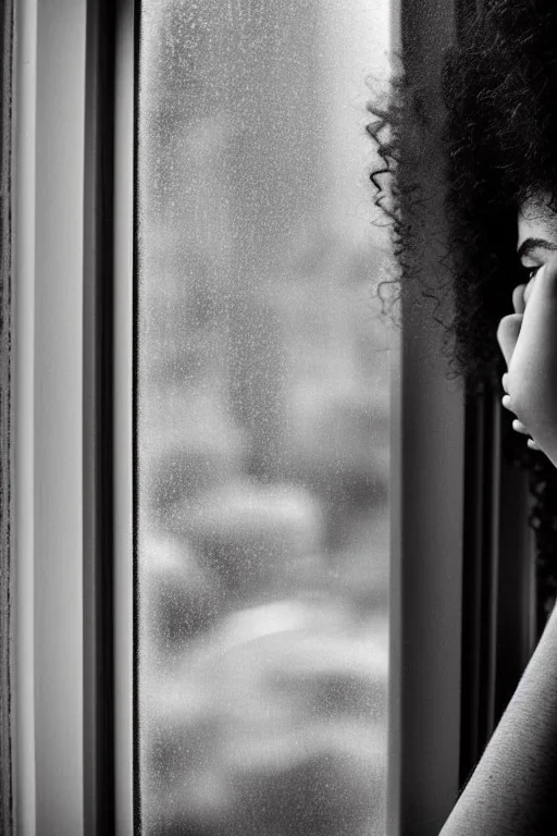 Crying girl, sad, expressive, emotive, frowning, furrowed eyebrows, pouting lips, African American, curly hair, looking out rainy window,