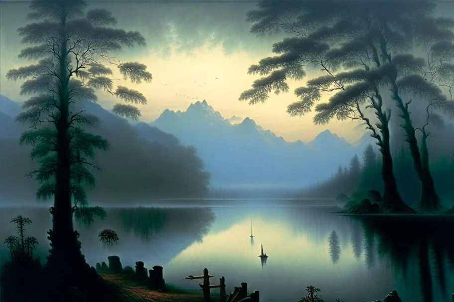 A stunning, high-resolution image of a masterpiece by Caspar David Friedrich, a renowned German Romantic landscape painter. The painting features a serene lake surrounded by towering trees, with a small wooden bridge stretching across the water. In the distance, a misty mountain range is visible. The overall atmosphere is one of tranquility and awe-inspiring beauty.