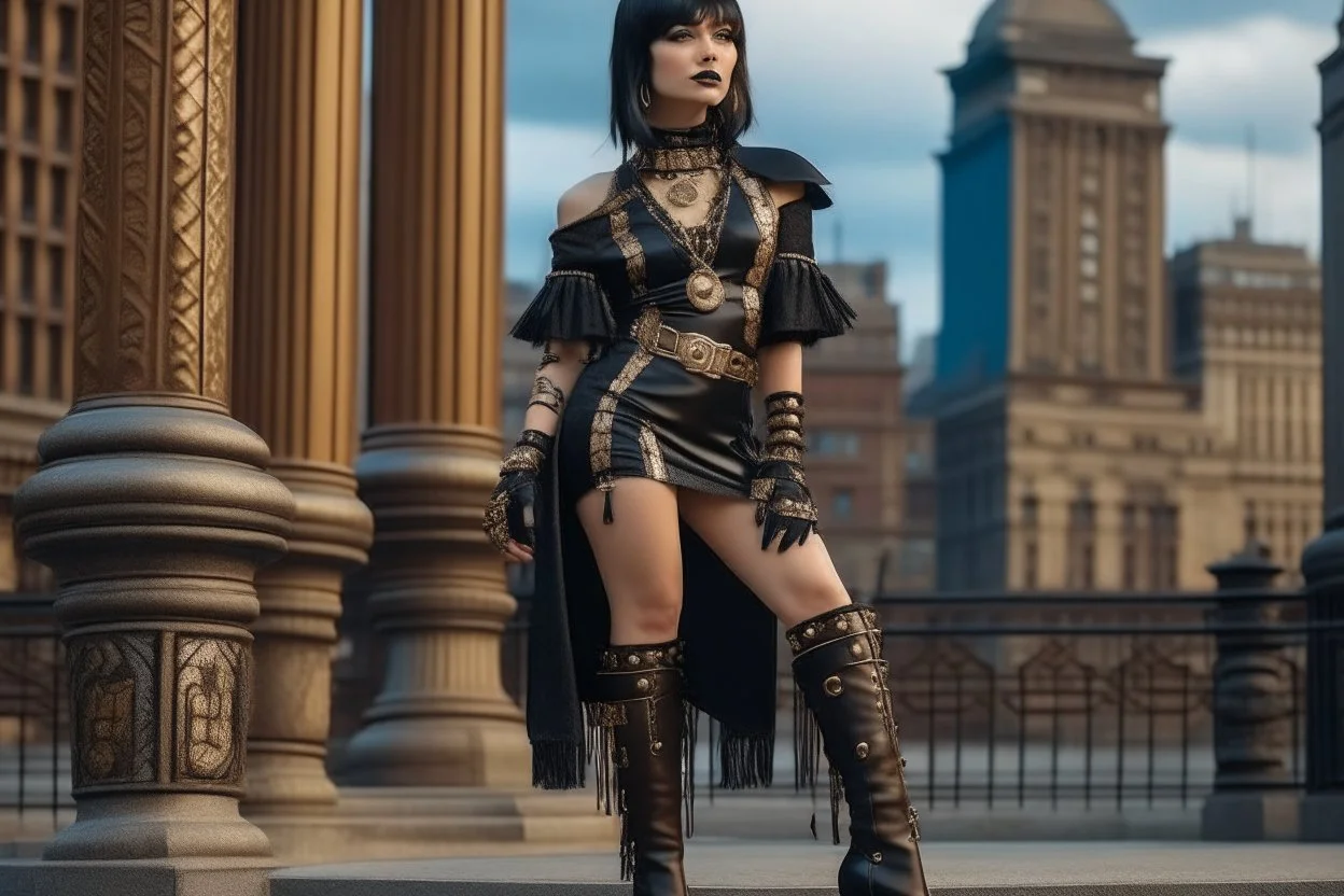 full-body-art of a woman with a bob with a fringe hairstyle, Cleopatra clothing, black knee-high boots, steampunk city background