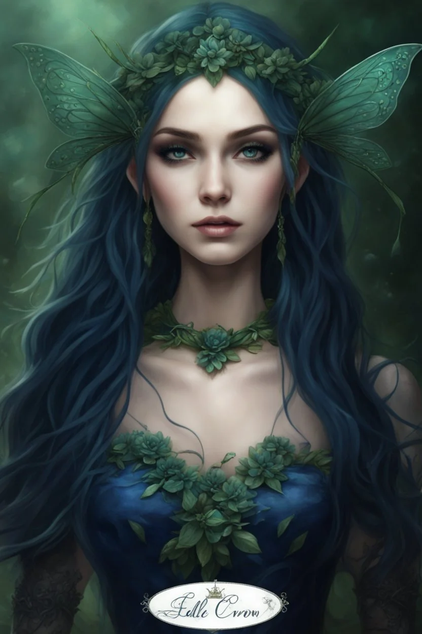 Dark bluec green hair, elven crown roses emerald Water lilies long hair lotus night Fairy princess rapunzel hair queen crown dragonflies fireflies elven tiara flowers fairy wings gothic dark blue ,fairy crown