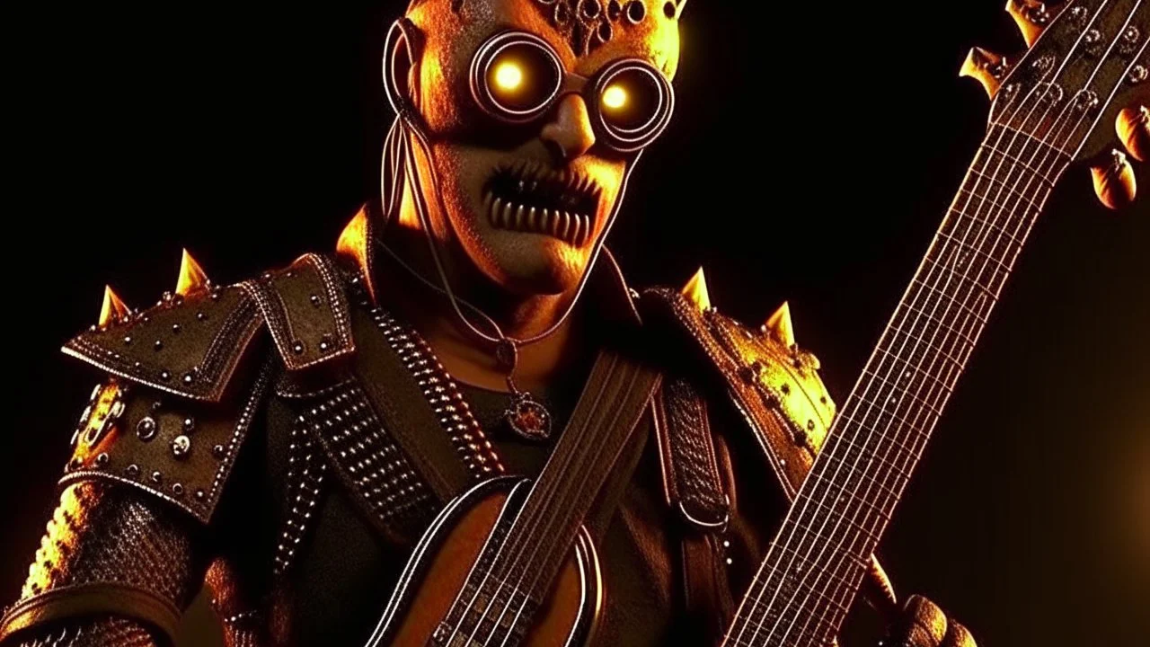 4K. REALISTIC FULL DETAILS. UN TERMINATOR STEAM PUNK DEBOUT AVEC UNE GUITARE EN MAINS FIRESTARTER