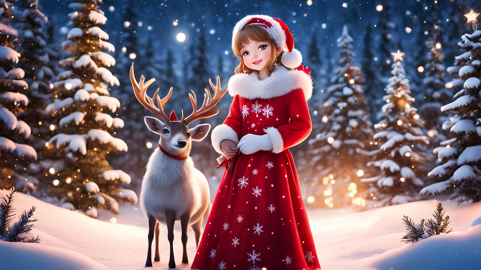 (FrostedStyle, SnowStyle, AuroraStyle:0.3), cute girl wearing red Christmas dress is hugging small reindeer, (snowy forest, moonlight, Christmas trees), (sparkles, sparkling clothes, sparkling eyes),