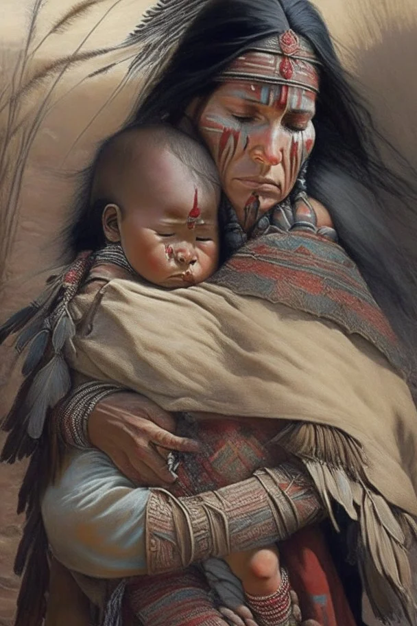 A valorous mother adorned with traditional attire worn by American Indian warriors traverses the battlegrounds of war with her cherished infant nestled firmly upon her back in a protective yet nurturing embrace