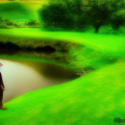 Landscape, the shire, fantasy, green, Brown, warm, a man sitten by the river