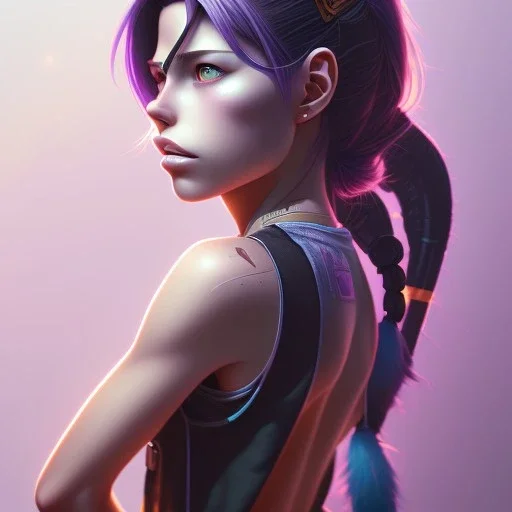 revy black lagoon, purple hair, black tank top, jean shorts, tribal sleeve left arm, portrait shinkai makoto, studio ghibli, studio key, madhouse anime studio, artgerm, lau rossdraws james jean marc simonetti pixiv