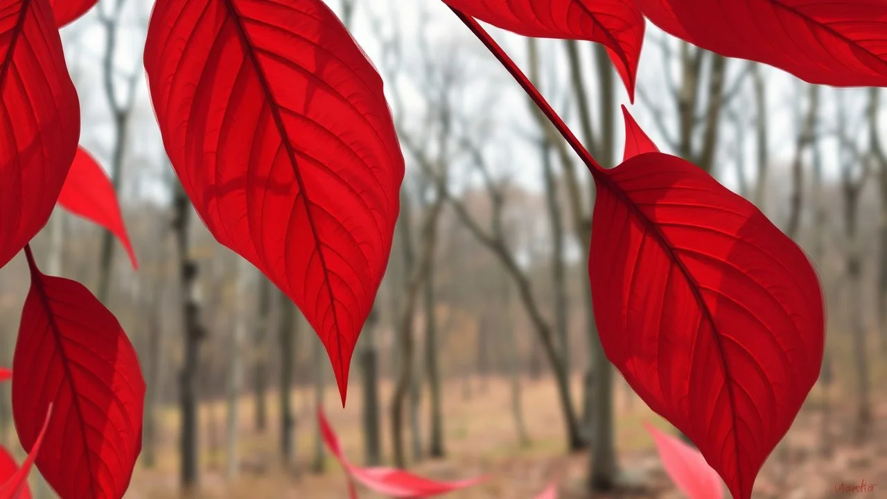 digital painting, A close-up view of large, vibrant red leaves with intricate veins, surrounded by a blurred forest background with bare trees, bold and slim lines, brush strokes