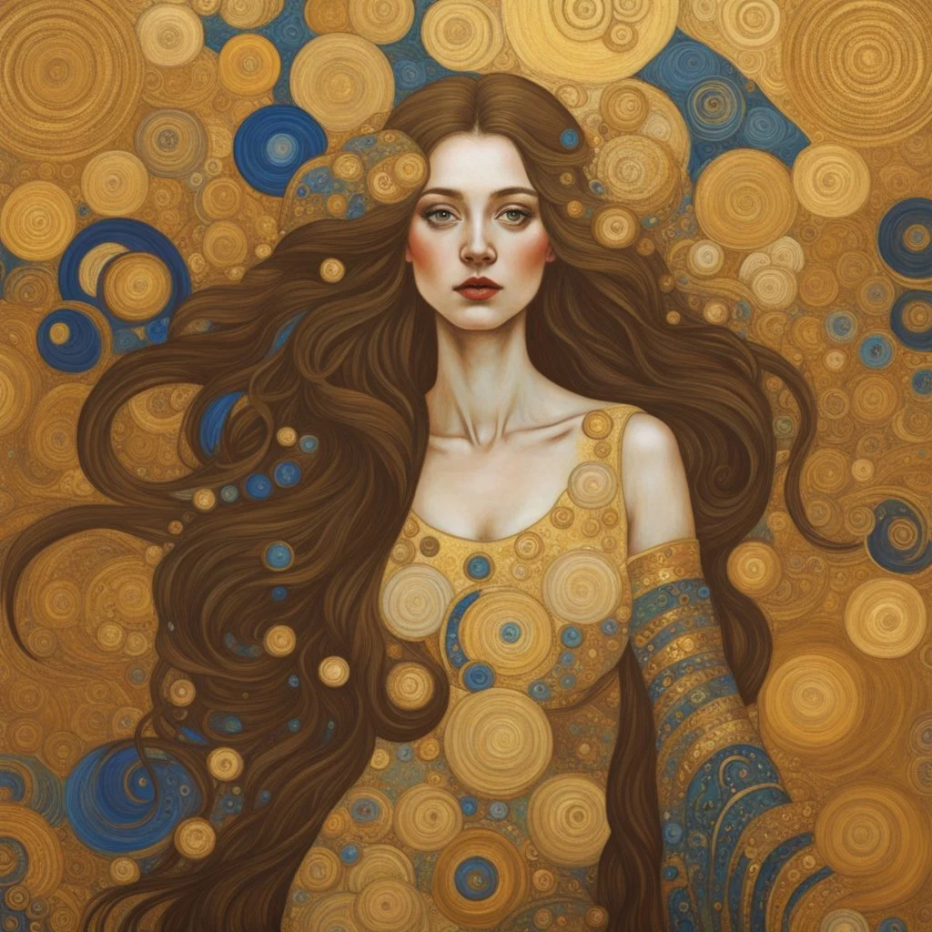 🔥 PROMPT: A stunning painting in the style of Gustav Klimt depicting a woman with long hair in a full-body portrait. The artwork features golden circles and swirls, a shimmering gold leaf background, and rich, detailed colors. This intricate piece exemplifies the Art Deco movement with its masterful design and vibrant elements.