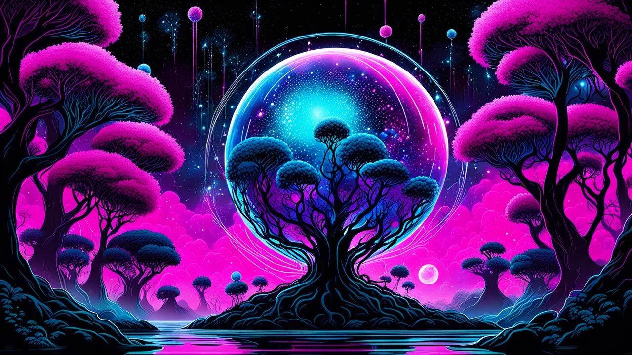 A vibrant pink and neon blue shower and tiny balls of energy, reminiscent of a nebula, set against among the dark silhouettes of plants , roots and trees, tiny metal ball robots floating and researches, cares plants, futuristic, etheral the essence of the energetic and captivating display, with the colors swirling throughout in the scene. digital art