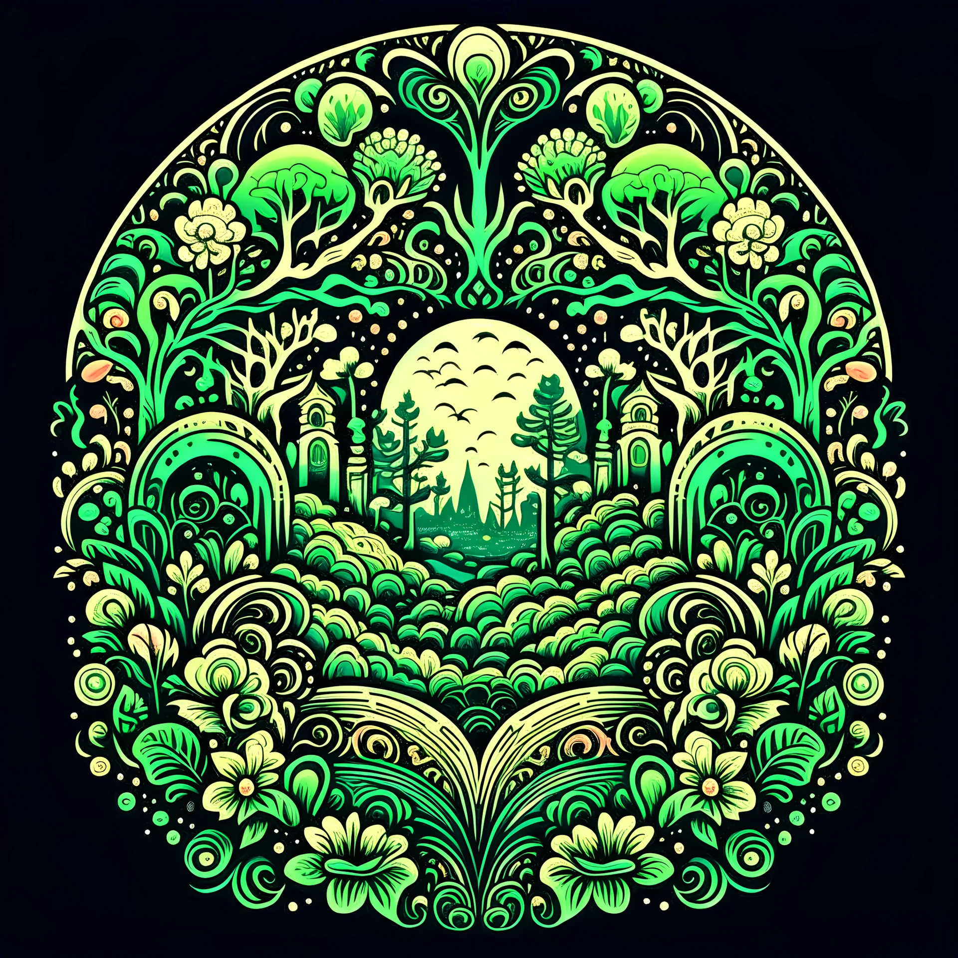 /imagine prompt: Enchanted Forest::2 Art Nouveau, Monochromatic, Linework, Vibrancy, Whimsicality:: t-shirt vector, center composition graphic design, plain background::2 mockup::-2 -- upbeta --ar 1:1