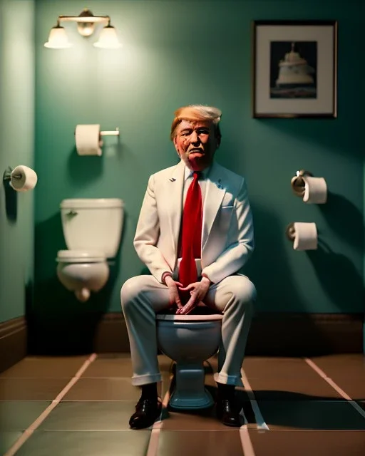 Toilet scene, donald trump sitting with his pants down and defecating, realistic image, Wes Anderson style, concept art, smooth, unreal engine 5, god lights, ray tracing, RTX, lumen lighting, ultra detail, volumetric lighting, 3d.