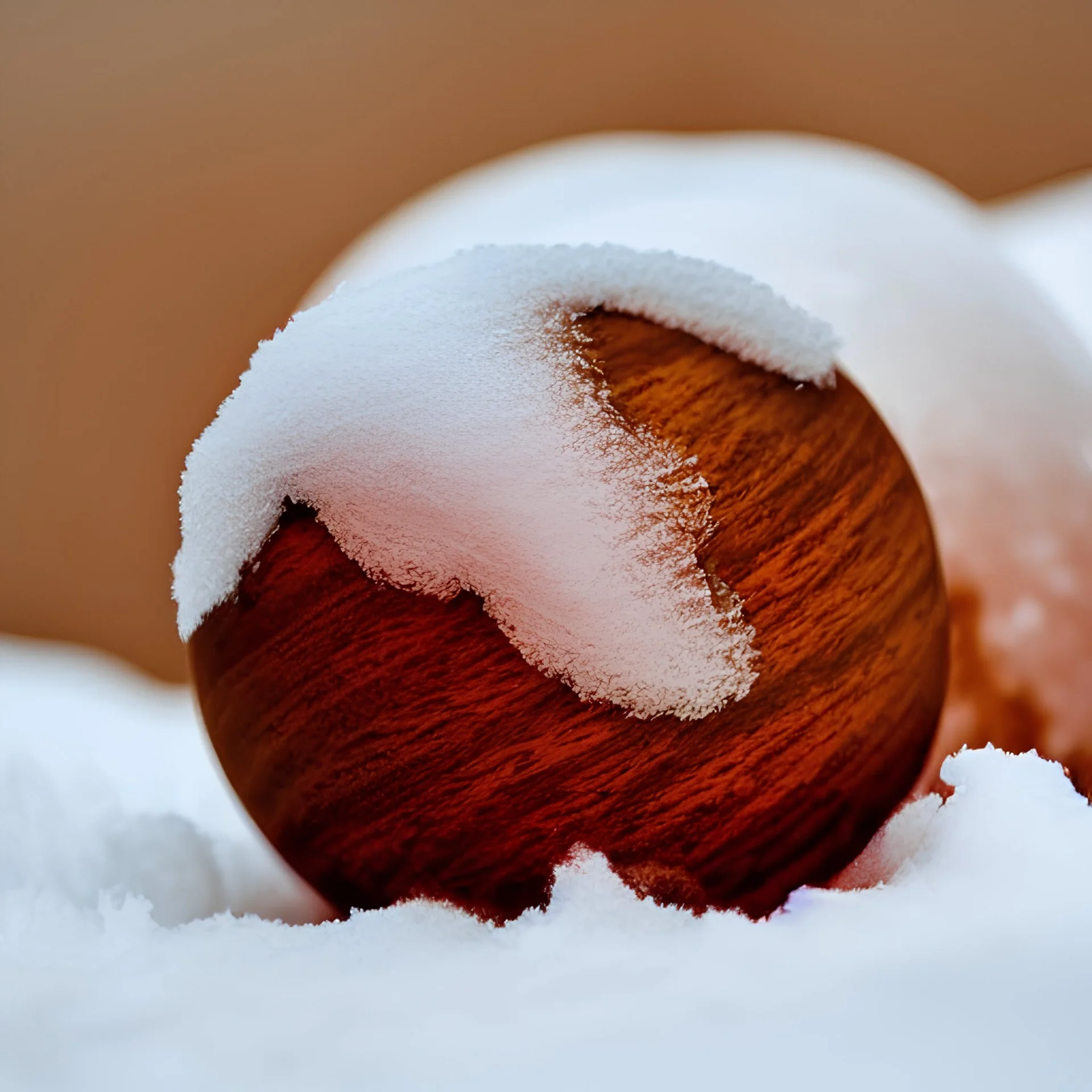 wooden ball covered in snow, warm colors, soft lighting, snowdrift, in the style of pixar animation, disney animation