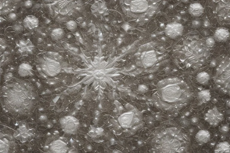 snowflakes, flowers, blur 5%, double exposure, merged layers, silver glitters, in the first part (near to us) of the picture you can see a plain sandblown smoked glass, engraved with a folk art pattern, the glass is cracked in several places, in some places the glass is broken, crumpled burlap, through it you can see a tropical rainforest with a waterfall, mist, tooth, sunrise