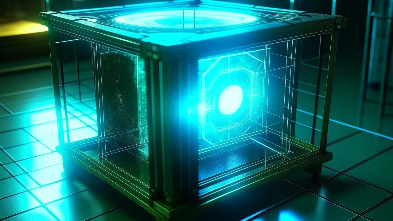 Cube tesseract from movie Loki. Located strictly in the middle of picture with space around it and with navy blue/green glow inside tesseract. Without surface/table on which it stay.