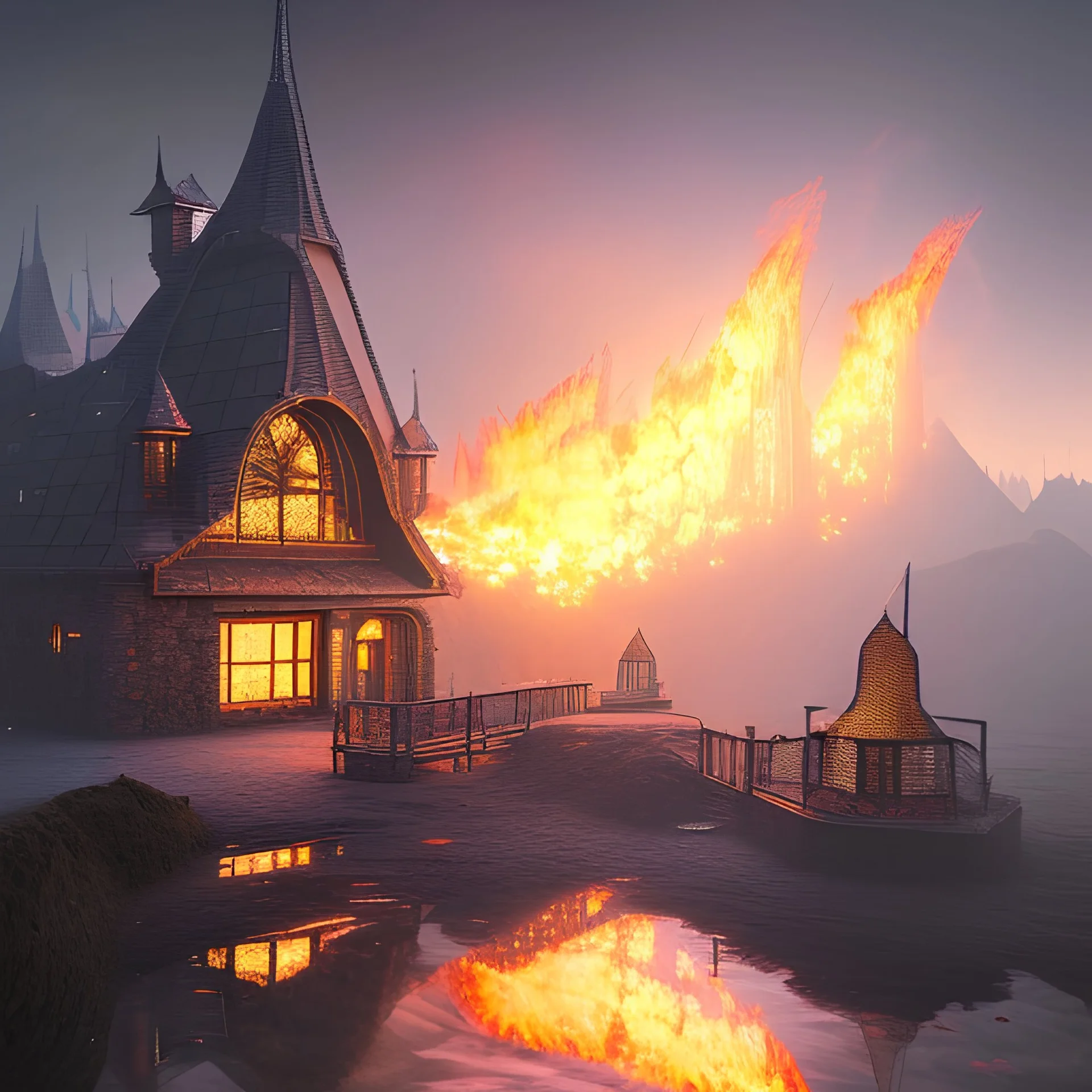  house on fire, volcan, Epic scale, A perfectly cute shaped crystal, cyberpunk, highly detailed, black mecanic castle, cristal, realistic,