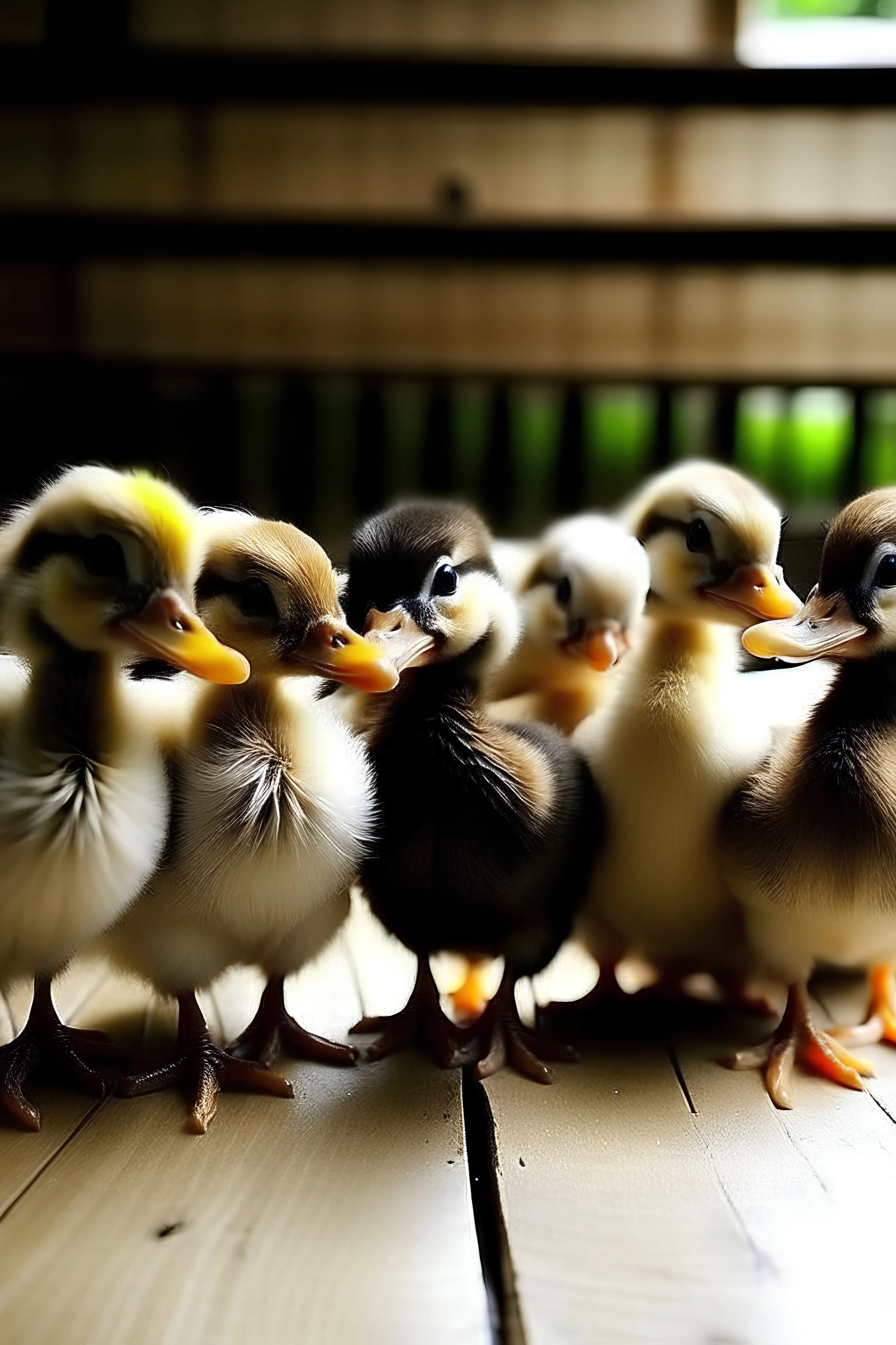 A lign of 6 beautiful ducklings and 1 ugly one